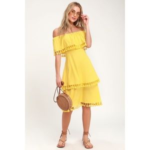Lulus Yellow Off-the-Shoulder Tasseled Midi Dress
